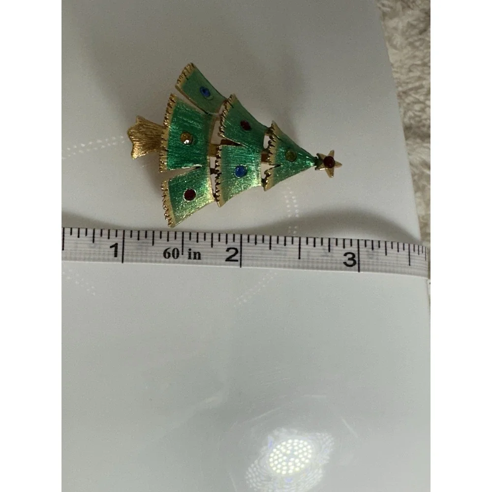 Vintage JJ Christmas Tree Brooch Green Enamel Rhinestone Book Piece Signed